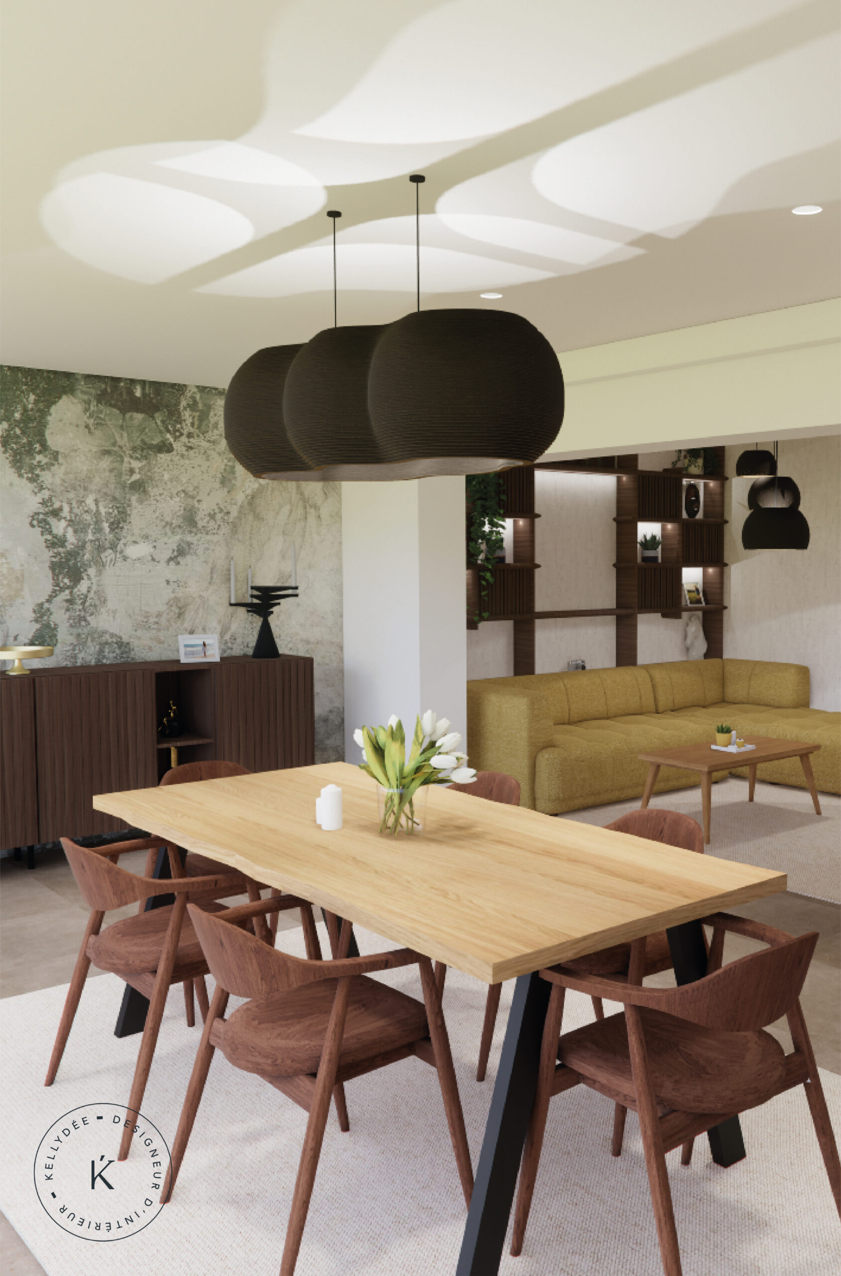 Salle à manger chaleureuse avec mobilier bois et luminaires design dans une maison familiale